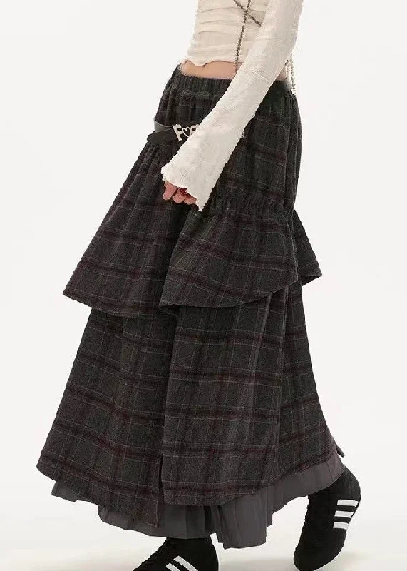 Price Cut Fashion Grey Plaid False Two Pieces Patchwork Cotton Skirts Fall WP047