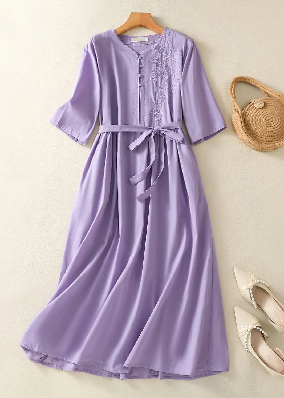 Inventory Reduction Chinese Style Light Purple Embroidered Tie Waist Cotton Dress Summer AM1051