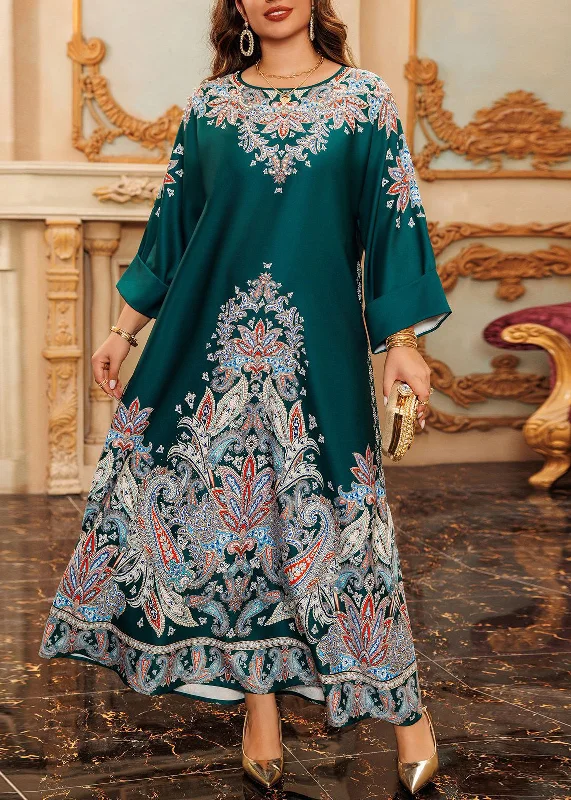 Markdowns Boho Green O-Neck Print Cotton Long Dress Fall WO046