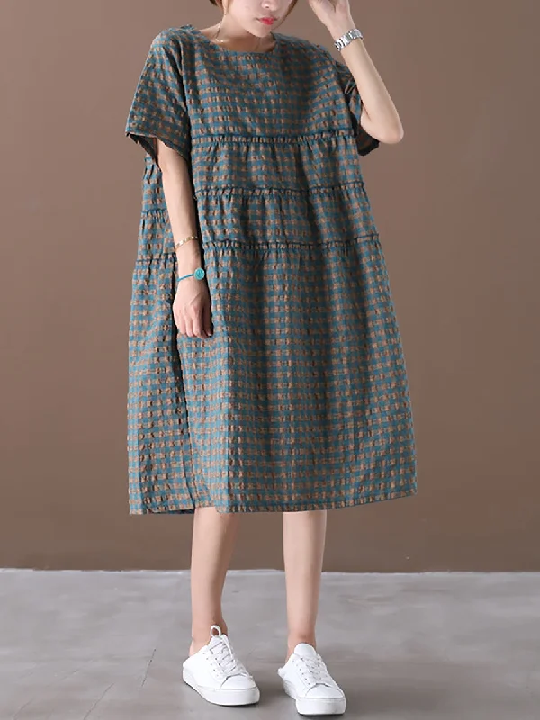 Hurry In Plus Size Summer Plaid Round Neck Cotton Linen Midi Dress XX1060