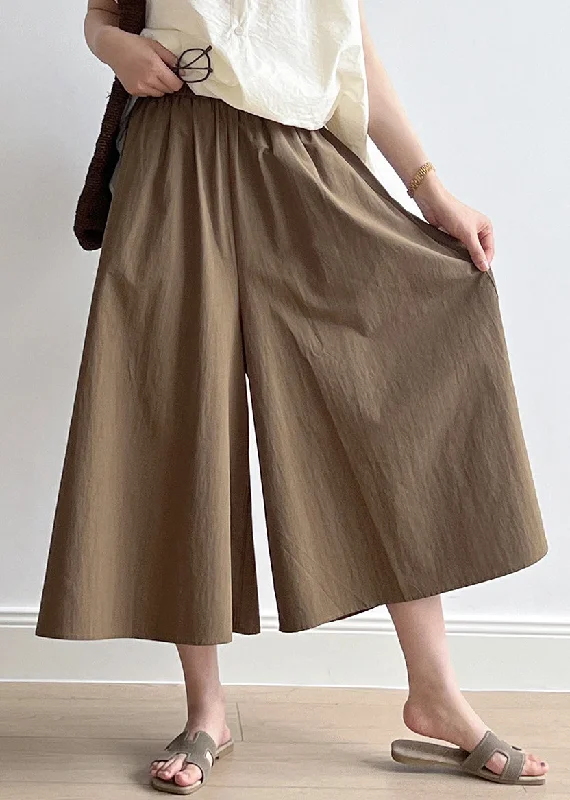Limited Time Offer Casual Brown Pockets Elastic Waist Cotton Crop Wide Leg Pants Summer QB003 Limited Time Offer Casual Brown Pockets Elastic Waist Cotton Crop Wide Leg Pants Summer QB003