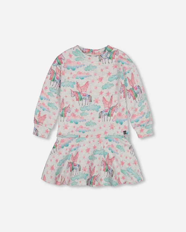 Special Price Printed Shiny French Terry Dress Gray Mix Printed Unicorn