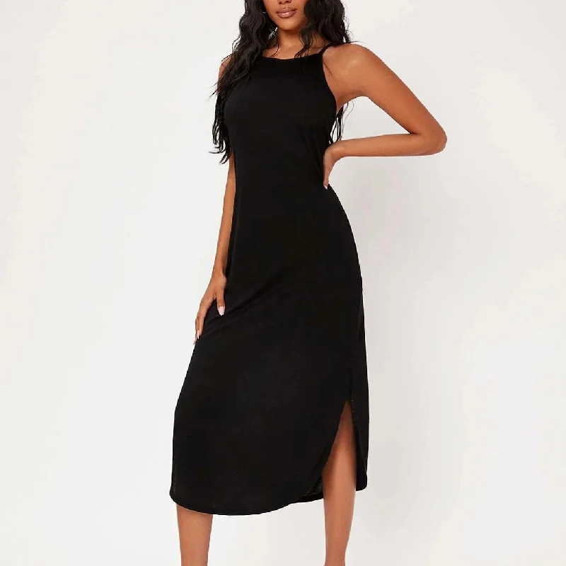 Act Fast Solid Curved Hem Cami Dress