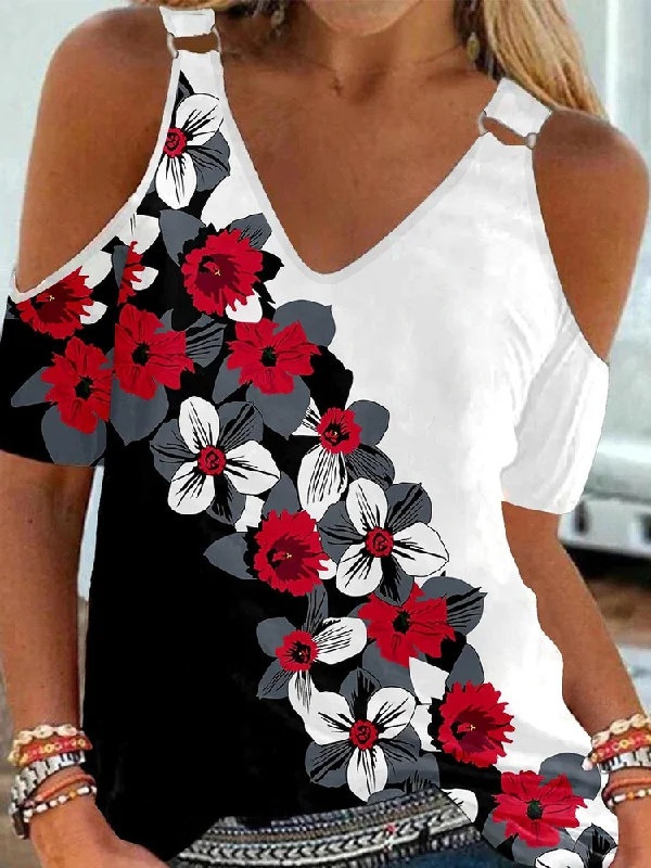 Final Clearance V Neck Loose Floral Casual T-Shirt  WW82