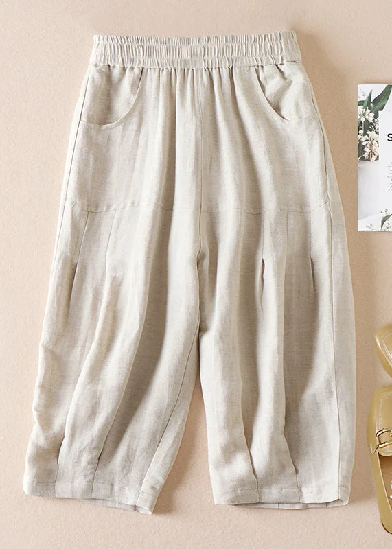 Best Deals Women Beige Pockets Wrinkled Elastic Waist Cotton Shorts Summer AM1039
