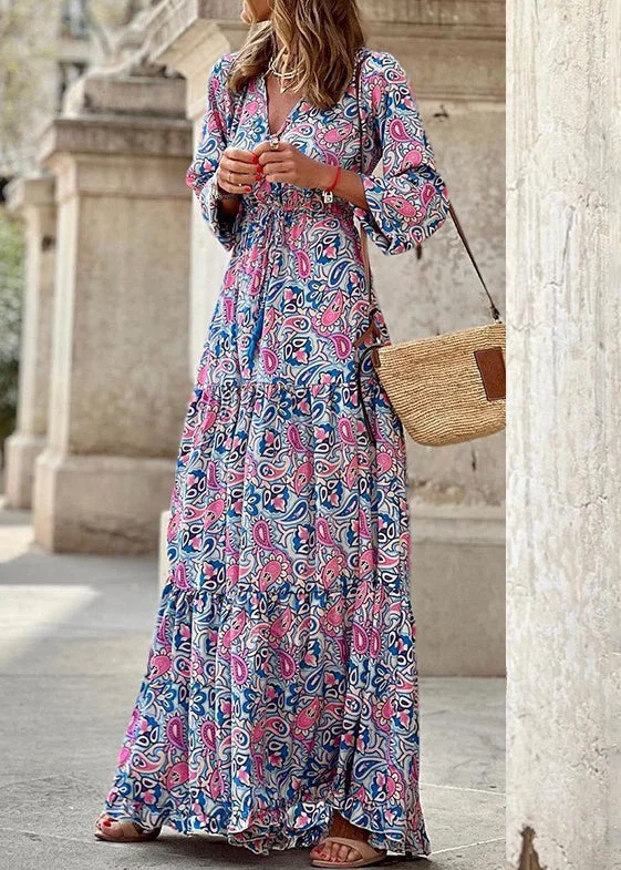 Low Prices Rose Tie Waist Fall Maxi Dress V Neck QA024