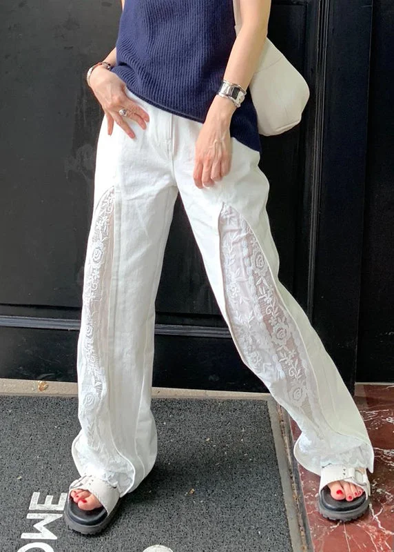 Sale Event Women White Pockets Lace Patchwork Cotton Pants Summer WP038