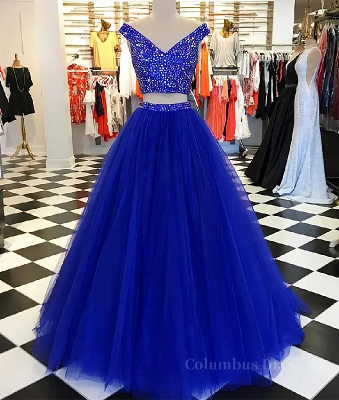 Daily Deals V Neck Off Shoulder 2 Pieces Beads Blue Tulle Long Corset Prom Dress, Blue 2 Pieces Corset Ball Gown, Evening Dress outfit Daily Deals V Neck Off Shoulder 2 Pieces Beads Blue Tulle Long Corset Prom Dress, Blue 2 Pieces Corset Ball Gown, Evening Dress outfit