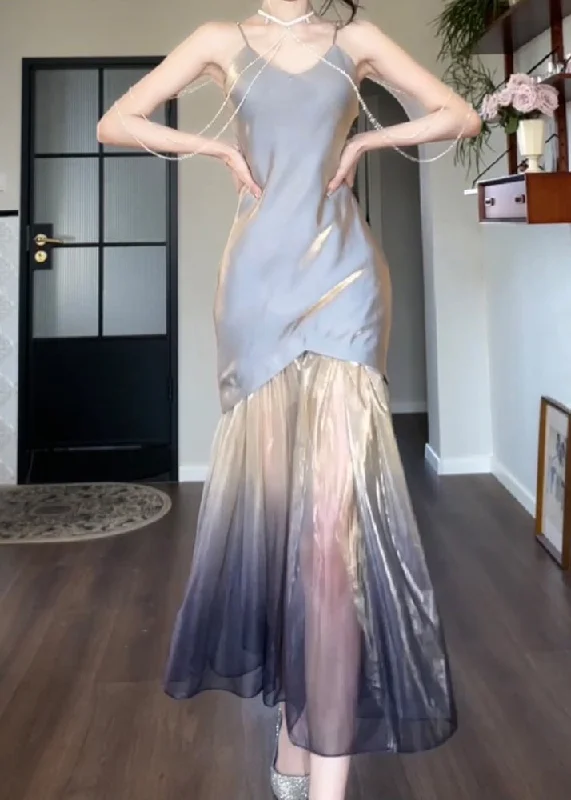 Don't Wait Sexy Grey V Neck Tulle Patchwork Spaghetti Strap Dress Sleeveless KK003