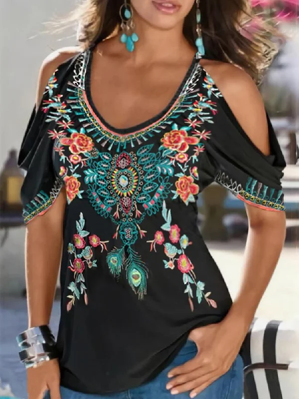 Value Deals Boho V neck Printed Short Sleeve Short Sleeve T-shirt  QH114