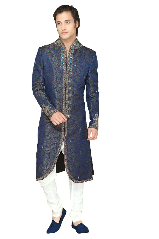 Stock Clearance Classic Blue Brocade Silk Indian Wedding Sherwani For Men