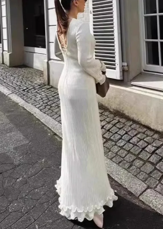 The Best Prices Bohemian White Ruffled Lace Up Cotton Robe Dresses Flare Sleeve WO044