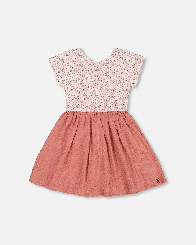 Deal Mania Bi-Material Dress With Printed Top Small Flowers And Pink