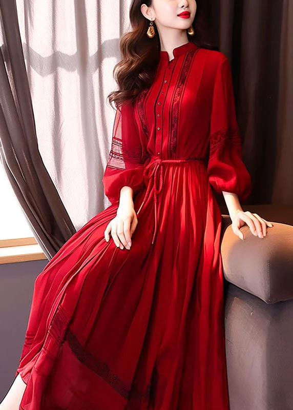 Savings Galore French Red Hollow Out Lace Up Long Dress Bracelet Sleeve QR033