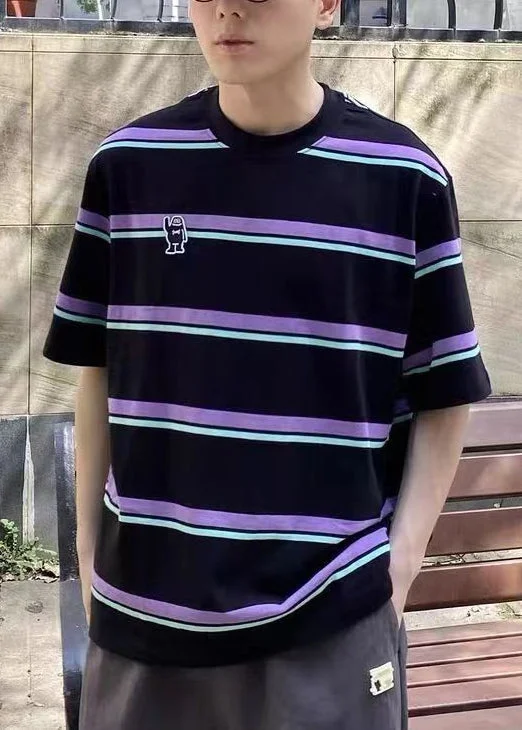 Mega Sale Cool Purple O Neck Striped Cotton Oversized T Shirt Men Summer QH002