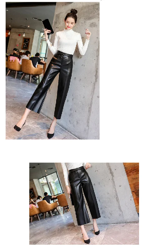 Online Exclusive New Women PU Leather Belted High Waist Pants