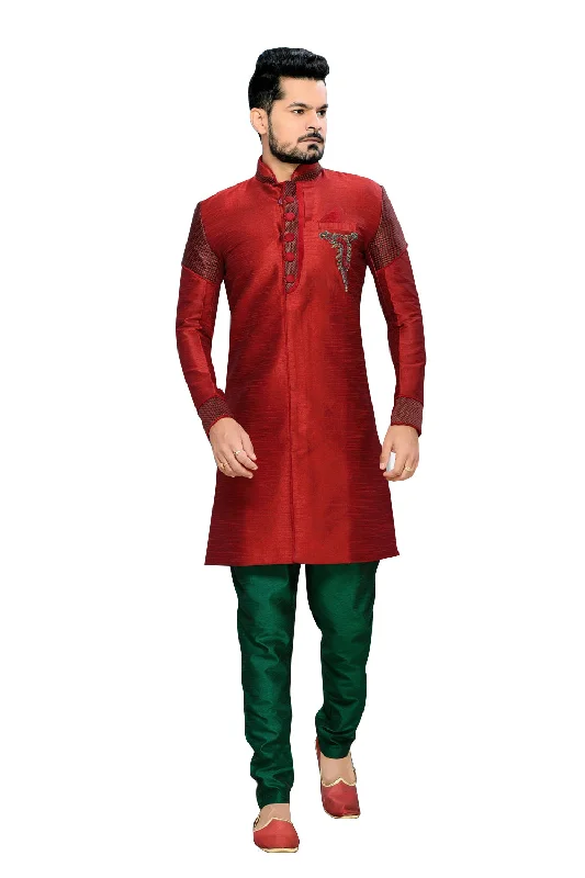 Act Now Elegant Red Art Silk And Jute Silk Indian Wedding Sherwani For Men