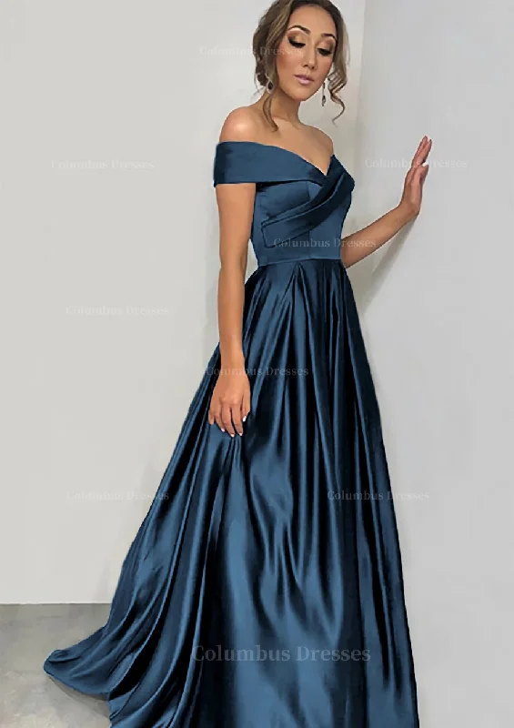 Discount Deals A-line/Princess Off-the-Shoulder Sleeveless Sweep Train Satin Prom Dress With Pleated Discount Deals A-line/Princess Off-the-Shoulder Sleeveless Sweep Train Satin Prom Dress With Pleated