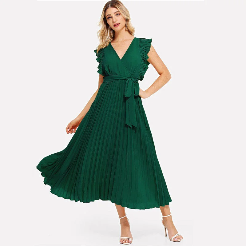 Special Price Women's Summer V-Neck High-Waist Long Dress With Ruffles