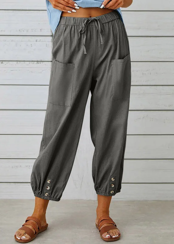 Super Deal Loose Dark Gray Pockets Elastic Waist Cotton Crop Pants Summer QE048