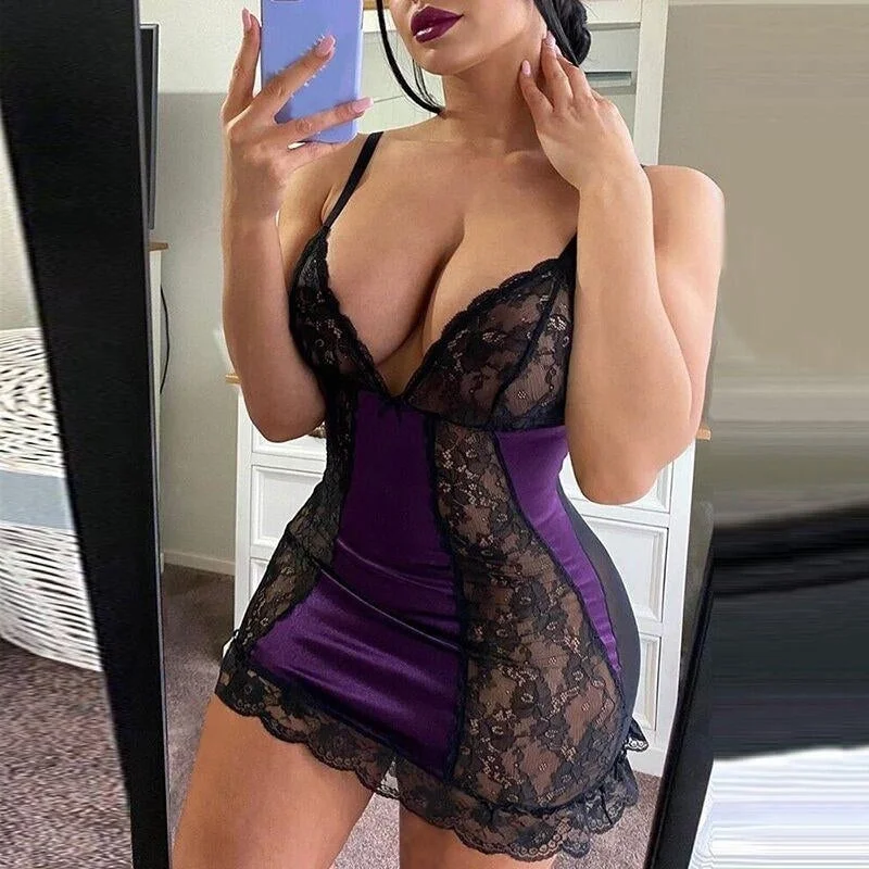 Online Only Sexy Deep V-neck Lace Patchwork Mini Bandage Dress Summer Spaghetti Strap Mesh See-through Skinny Women Bow Dress