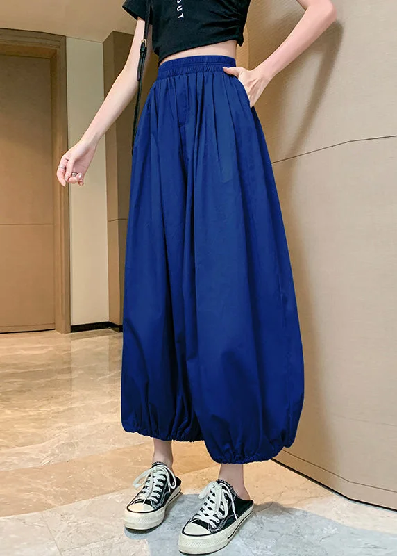 Limited Edition Women Blue Pockets Elastic Waist Crop Pants Summer QB026