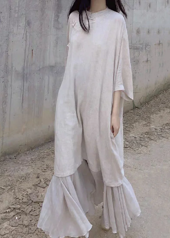 Special Savings Vintage Beige Stand Collar Oriental Button Linen Long Dress Bracelet Sleeve RU032