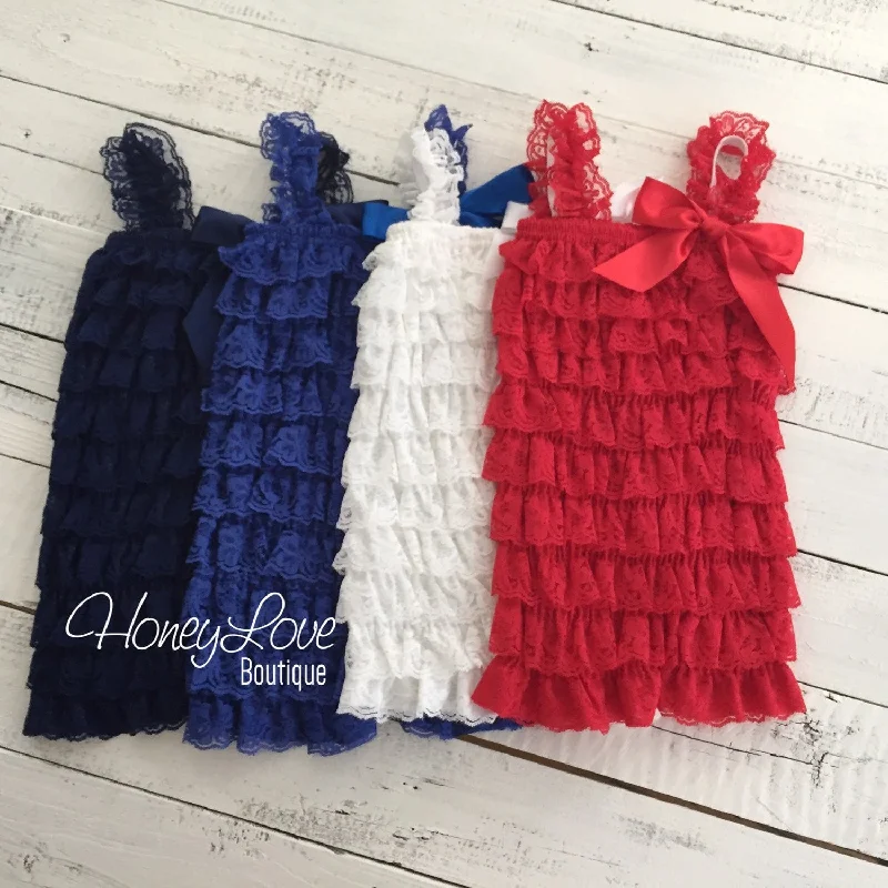Shop and Save Lace Petti Romper - Red, White, Royal Blue, Navy