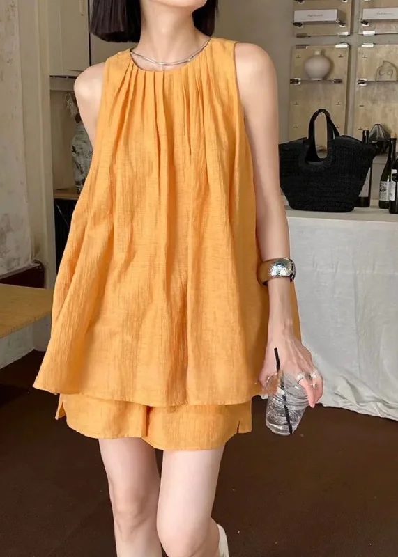 Limited Stock French Orange O-Neck Vest And Shorts Two Pieces Set Summer QB017