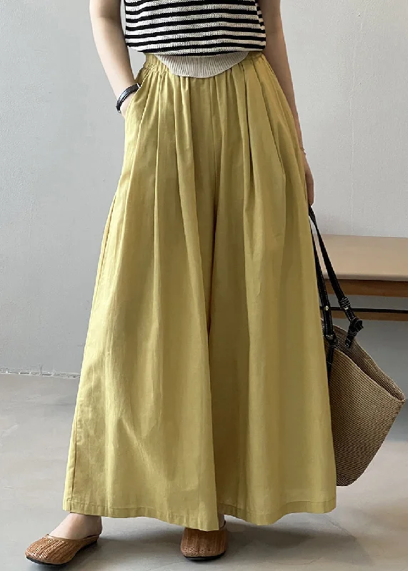 New Arrival Women Yellow Pockets Solid Cotton Wide Leg Pants Summer QE055