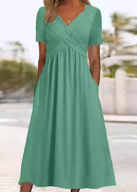 While Supplies Last New Green V Neck Pockets Solid Cotton Long Dress Summer QA026