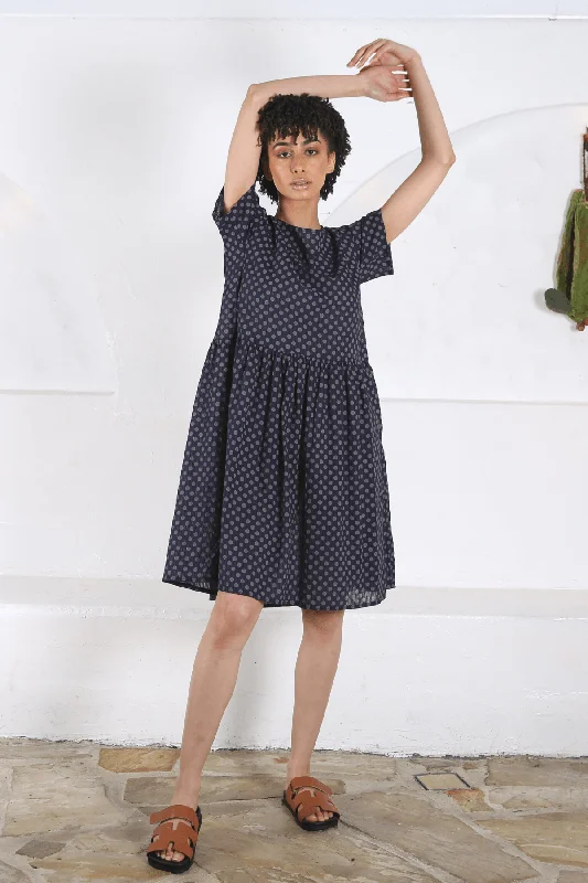 Price Drop Polka Dot Drop Waist Dress Navy in Seersucker