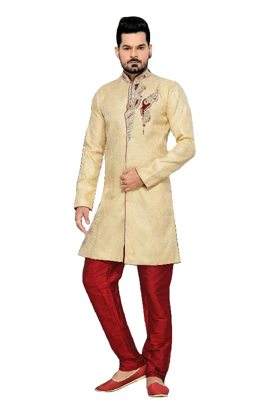 Super Bargain Fancy Butter Cream Jacquard Silk Indian Wedding Sherwani For Men