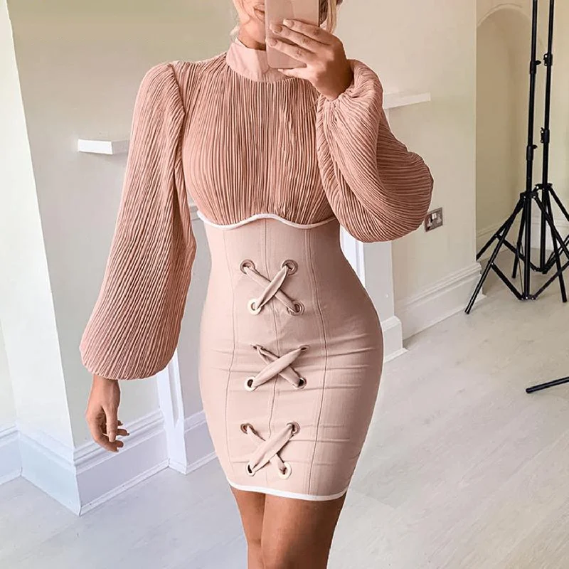Super Deal Women's Autumn Bodycon Pleated Dress