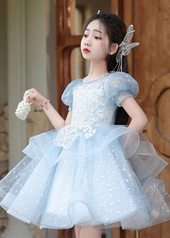 Special Promotion Fine Blue Nail Bead Bow Tulle Girls Maxi Dresses Summer QV008