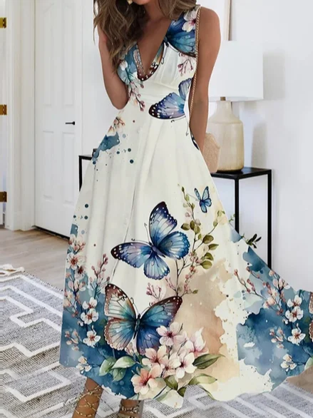Flash Sale Elegant Butterfly Positioning Print High Elastic Sleeveless Dress AH420