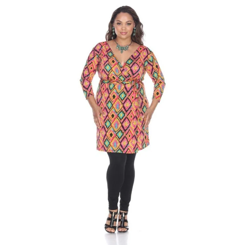 Exclusive Savings White Mark Plus Size Wrap Dress Pink Yellow 3/4 Sleeve V-Neck Diamond Print Exclusive Savings White Mark Plus Size Wrap Dress Pink Yellow 3/4 Sleeve V-Neck Diamond Print