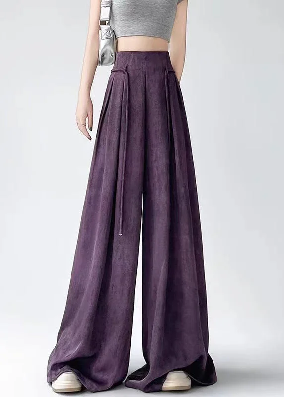 Stock Clearance Simple Purple High Waist Ice Silk Wide Leg Pants Summer RU002