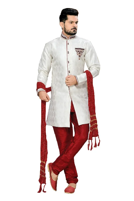 Unmissable Offer Classy Off White Jacquard Silk Indian Wedding Sherwani For Men