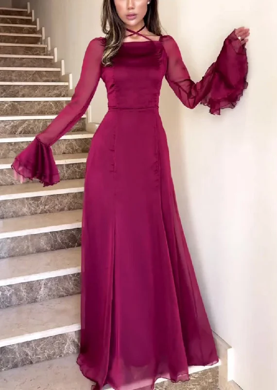 Online Only Slim Fit Wine Red Square Collar Solid Chiffon Dress Flare Sleeve QL015