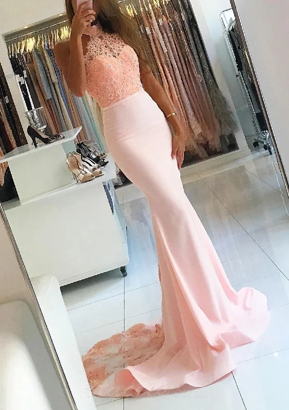 Seasonal Sale Elastic Satin Court Train Trumpet/Mermaid Sleeveless Halter Covered Button Corset Prom Dress With Beaded outfit Seasonal Sale Elastic Satin Court Train Trumpet/Mermaid Sleeveless Halter Covered Button Corset Prom Dress With Beaded outfit