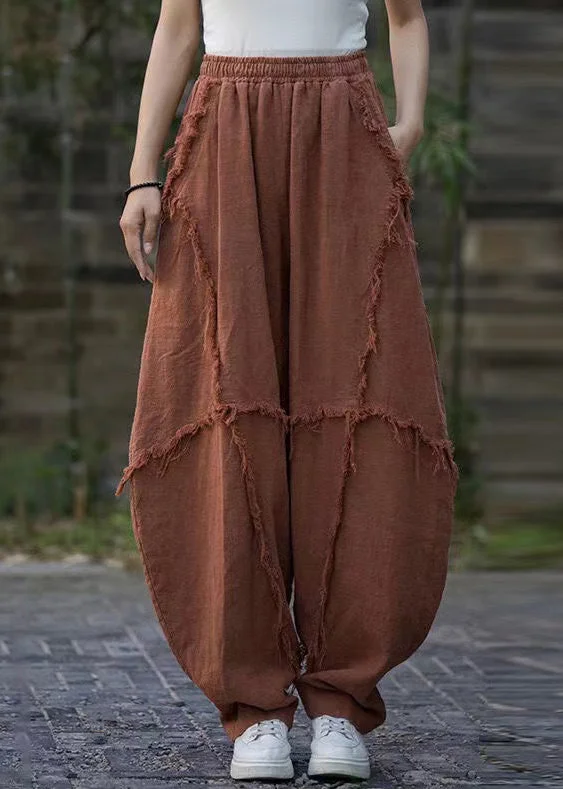 Quick Sale Vintage Brick Red Pockets High Waist Linen Pants Summer QE040
