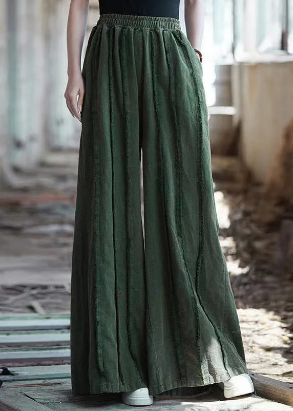 The Best Prices Vintage Green Pockets Elastic Waist Linen Pants Summer QE011