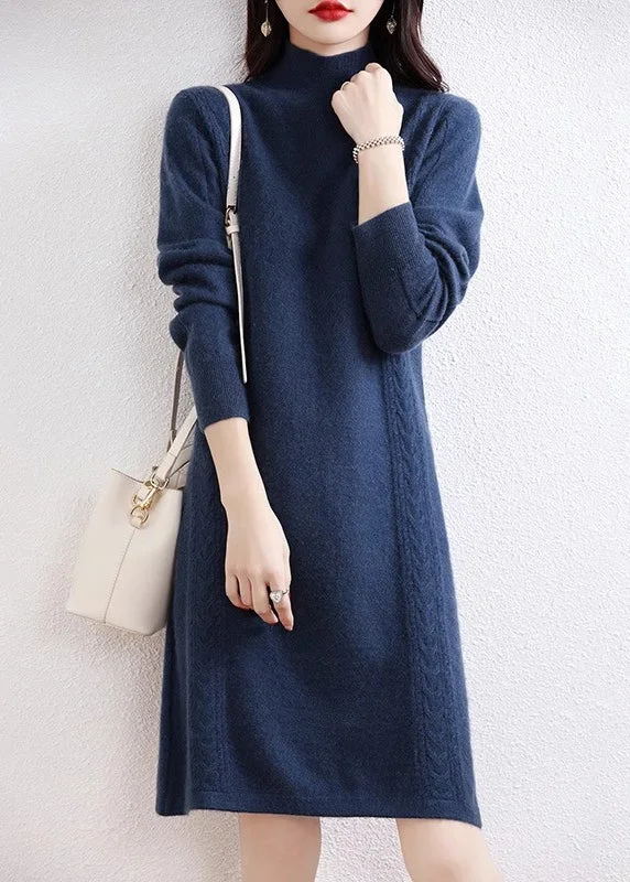 Special Offer Elegant Navy Turtleneck Solid Wool Knit Sweater Dress Fall QX022