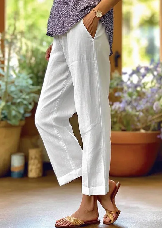 The Best Prices Loose White Pockets Solid High Waist Cotton Crop Pants Summer QE050