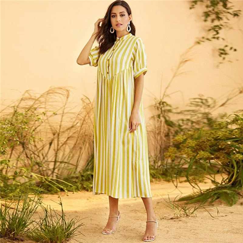 Overstock Women's Summer Short-Sleeved High-Waist Loose Long Dress