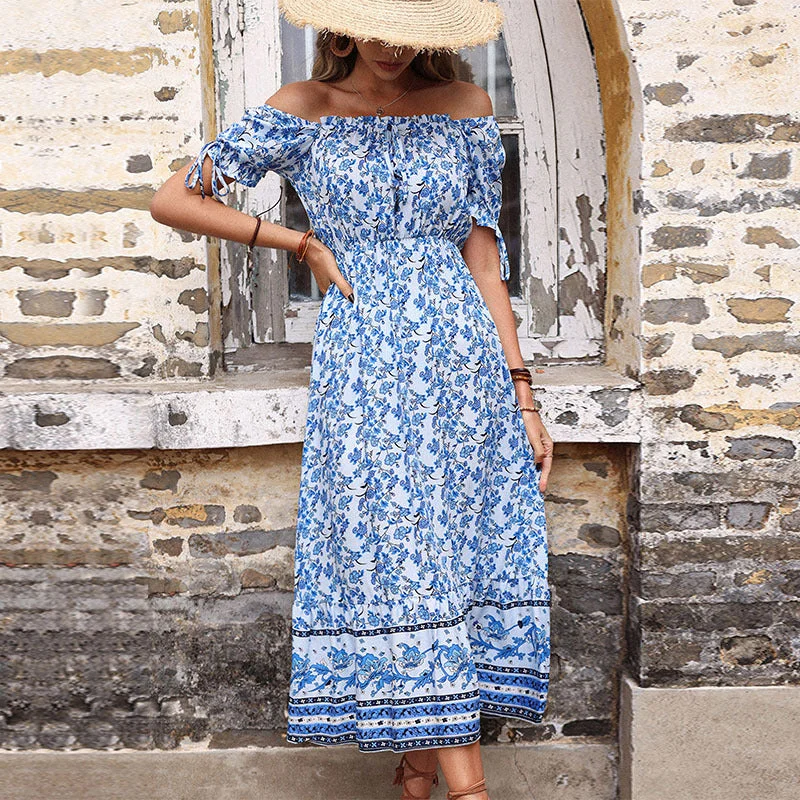Weekend Deal Slim Vintage Print High Waist Off Shoulder Dress