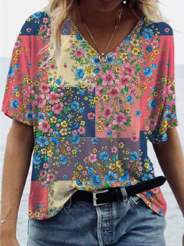 Deal Alert Cotton-Blend Floral Short Sleeve Vintage T-Shirts TY1047