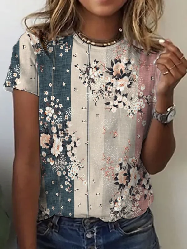 Crazy Deals Women's Floral Crew Neck Regular Fit Short Sleeve T-Shirt AT10090