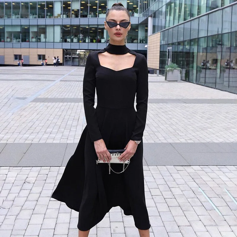 Hurry In Women's Autumn Long Sleeve Stretchy A-Line Dress